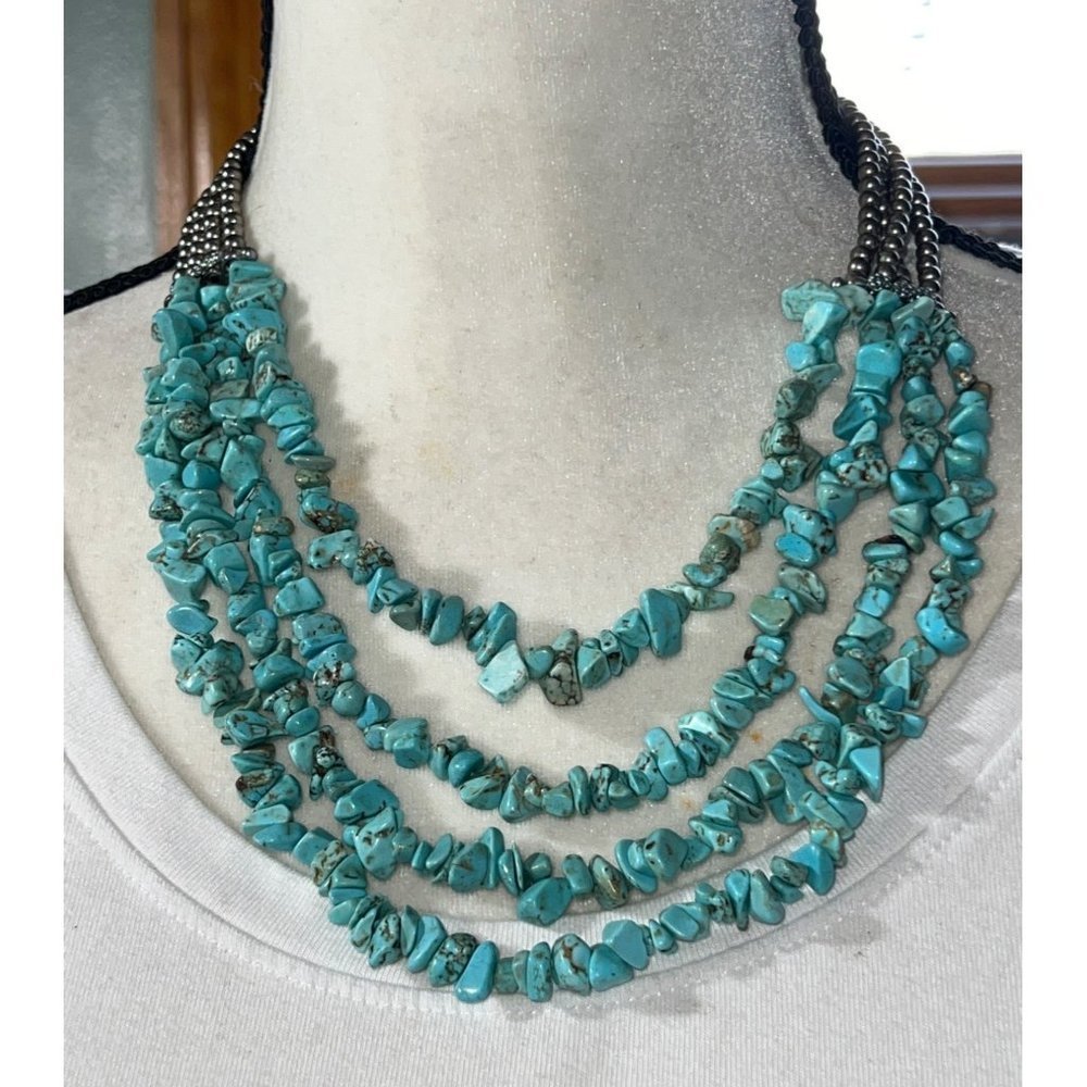 Turquoise And Silver Chip MultiStrand Necklace -- 18"